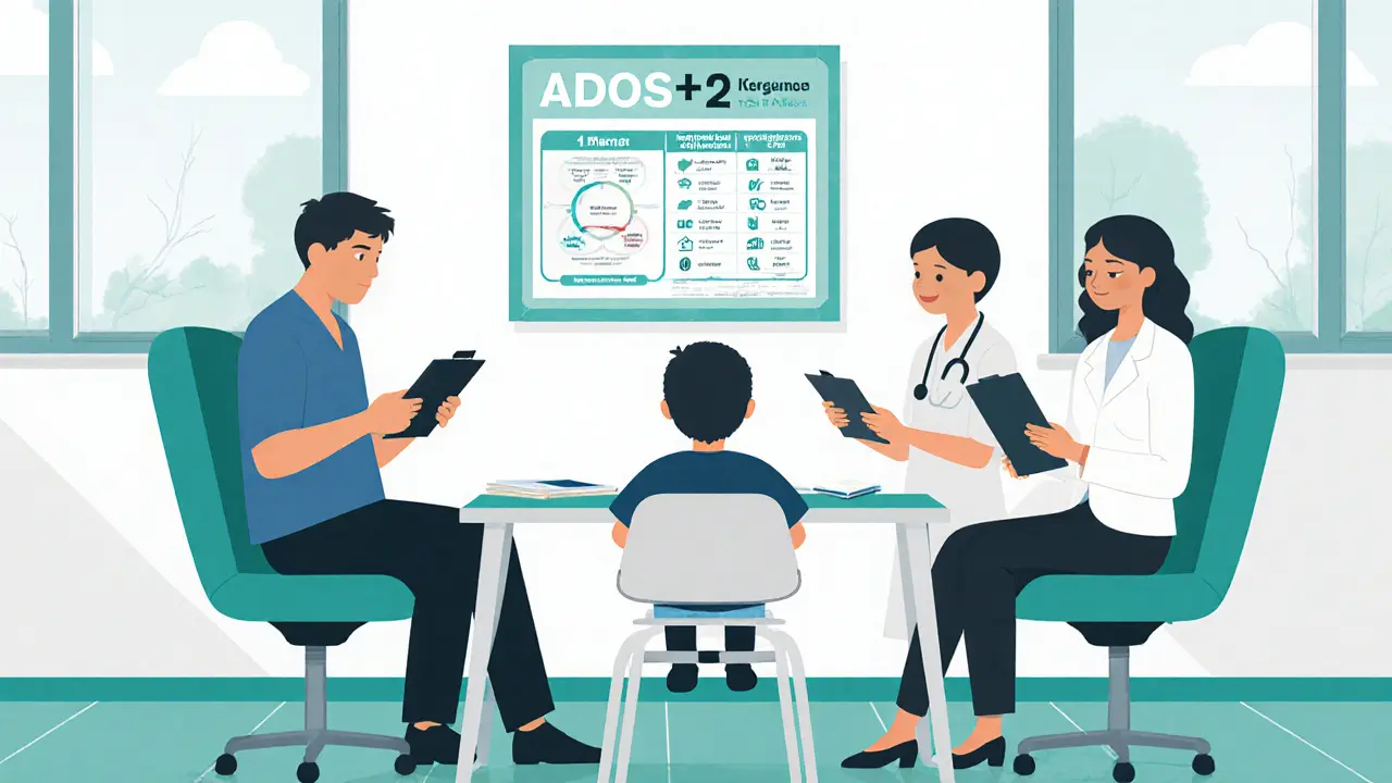 Tým specialistů vyšetřuje dítě pomocí testu ADOS‑2 v klinice.