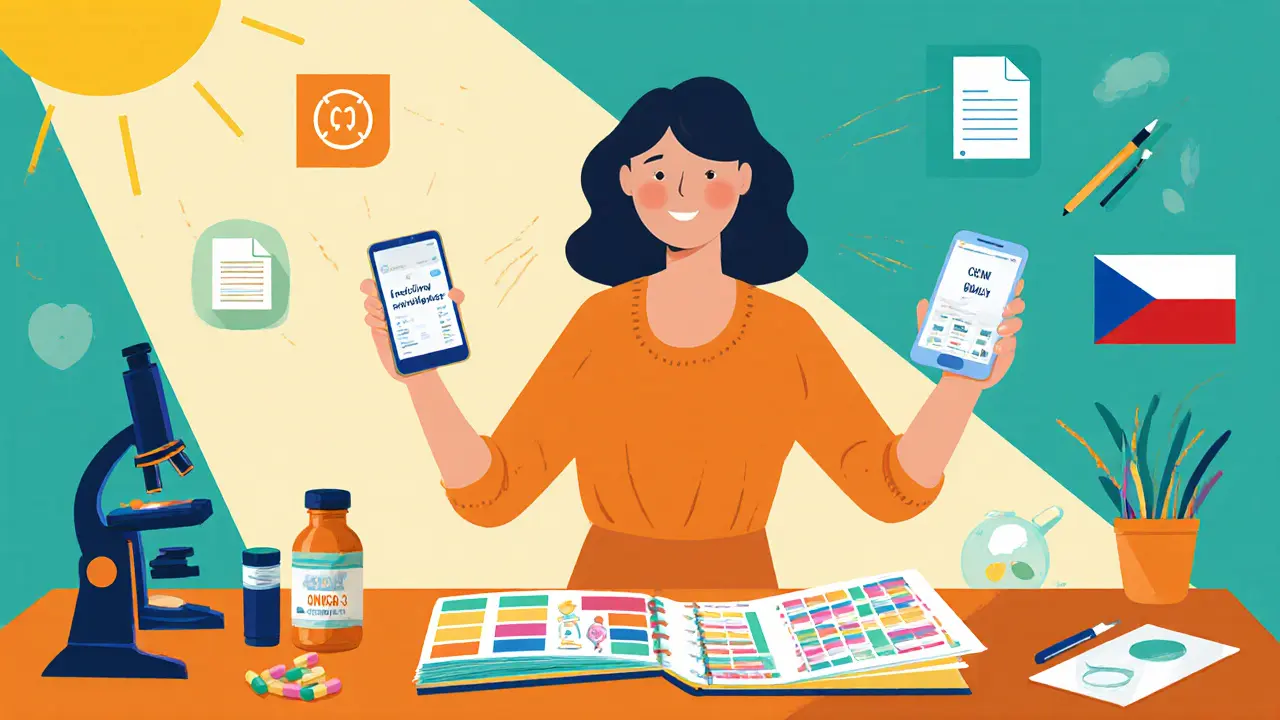 Žena po terapii v uspořádaném pracovním prostoru s plánovačem, aplikací a symboly výzkumu.