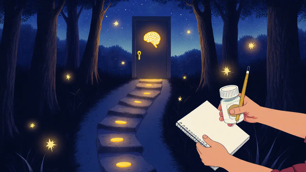Cesta lesem s zlatými světélky vede k dveřím tvaru mozku, drženým lékem a sešitem.