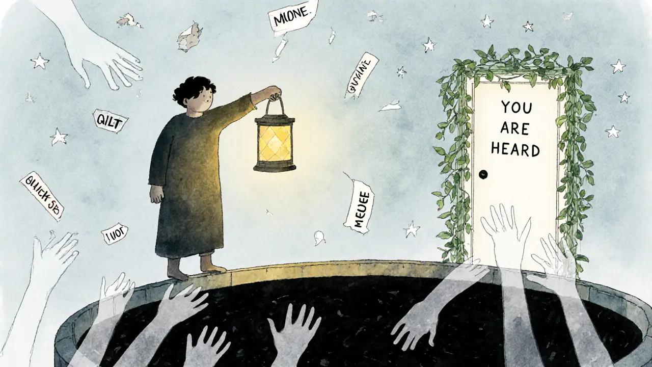 Člověk drží lucernu u studny, kde neviditelné ruce podporují světlo, zatímco slova se mění v jas.