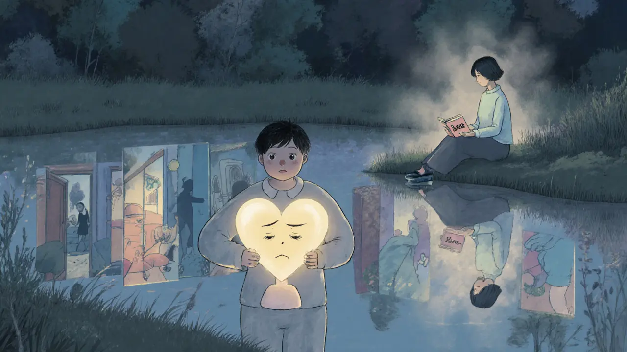 Člověk drží světlo, které odrazuje scény z minulosti, terapeut sedí na druhé straně jezera.