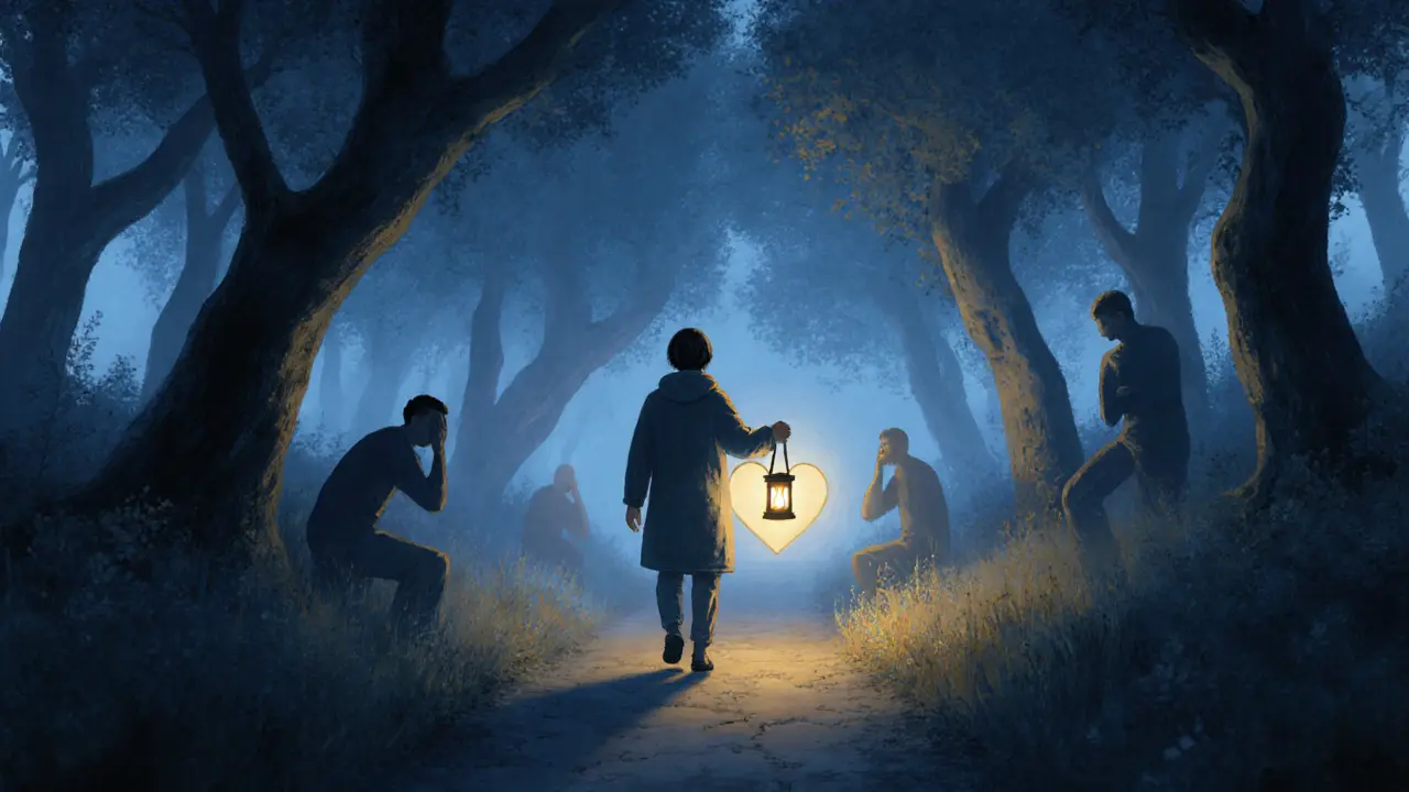 Člověk jde lesní cestou s lampionem, který rozptýlí stíny negativních myšlenek.
