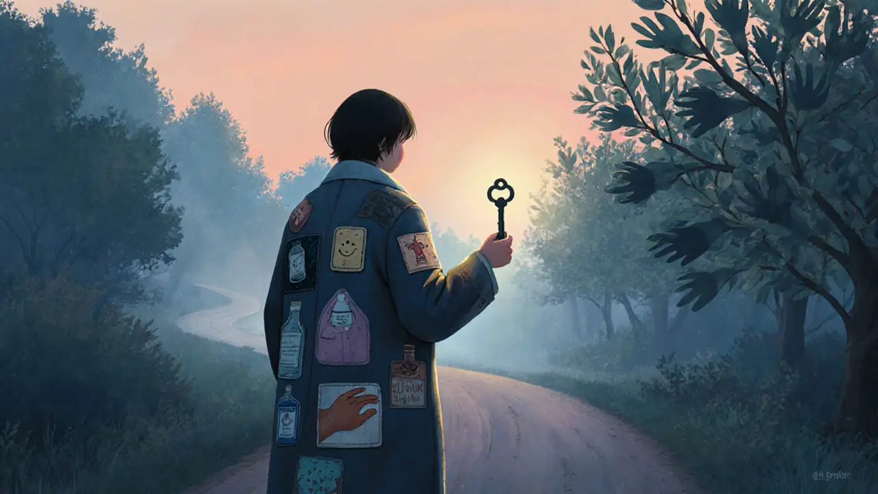 Člověk stojí na cestě do lesa, drží klíč ze světla, za ním zmizelá cesta, před ním kvetou stromy s listy jako ruce.