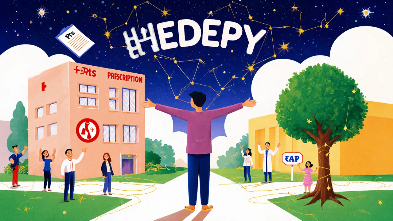 Člověk stojí na křižovatce mezi nemocnicí a kanceláří terapeuta, nad ním září logo Hedepy.