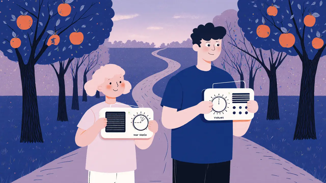 Dítě a dospělý s radiem — jeden přepíná strach na statický hluk, druhý hodnoty na melodii, cesta vede skrz les.