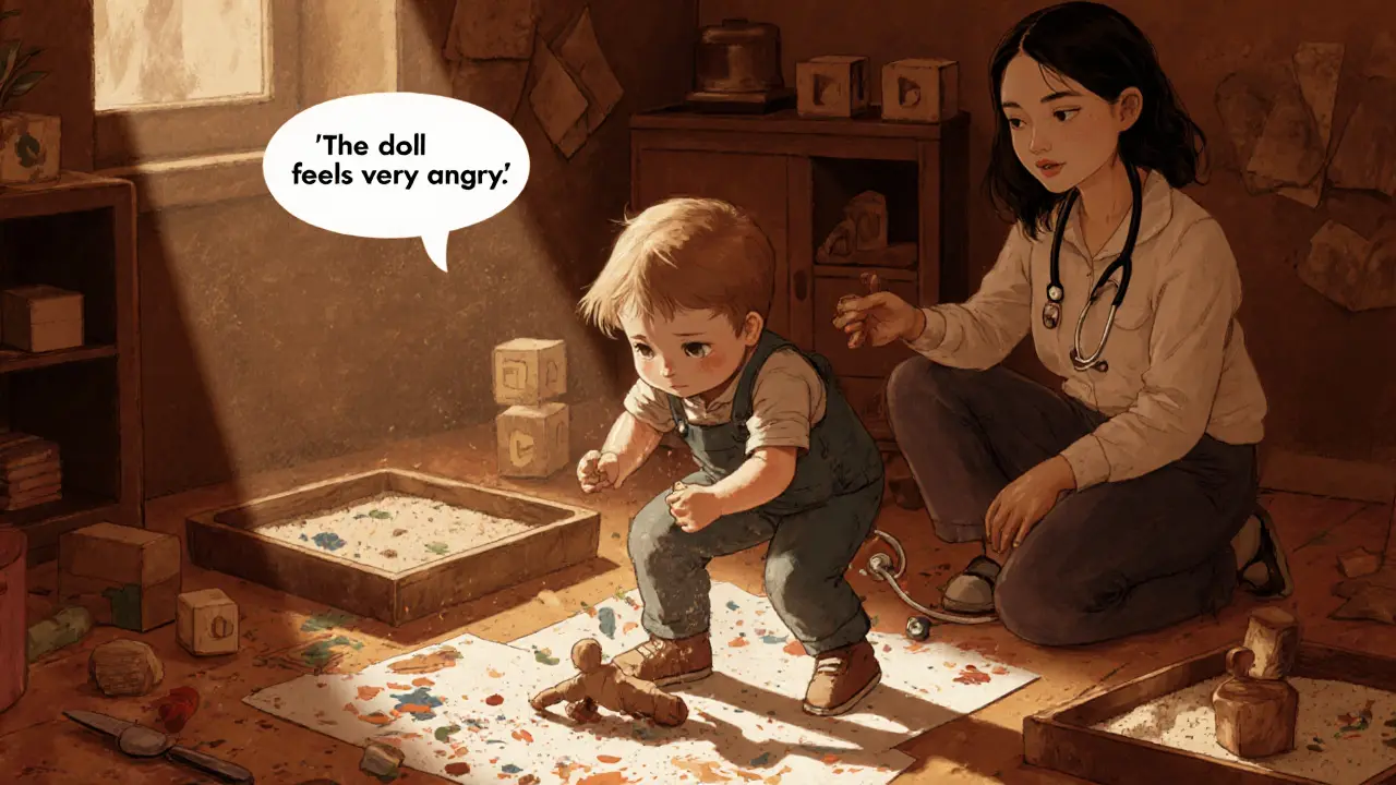 Dítě hází hlíněnou postavičku na zem, terapeut sedí u něj a reaguje empatii.