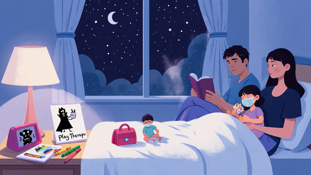 Dítě hraje s panenkou na nemocničním lůžku, rodič sedí vedle a čte, ve stínu hvězdy.