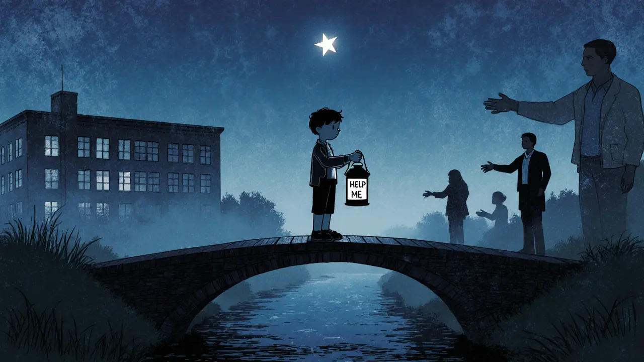 Dítě na mostě drží lampu s prosbou o pomoc, zářící postavy se blíží.