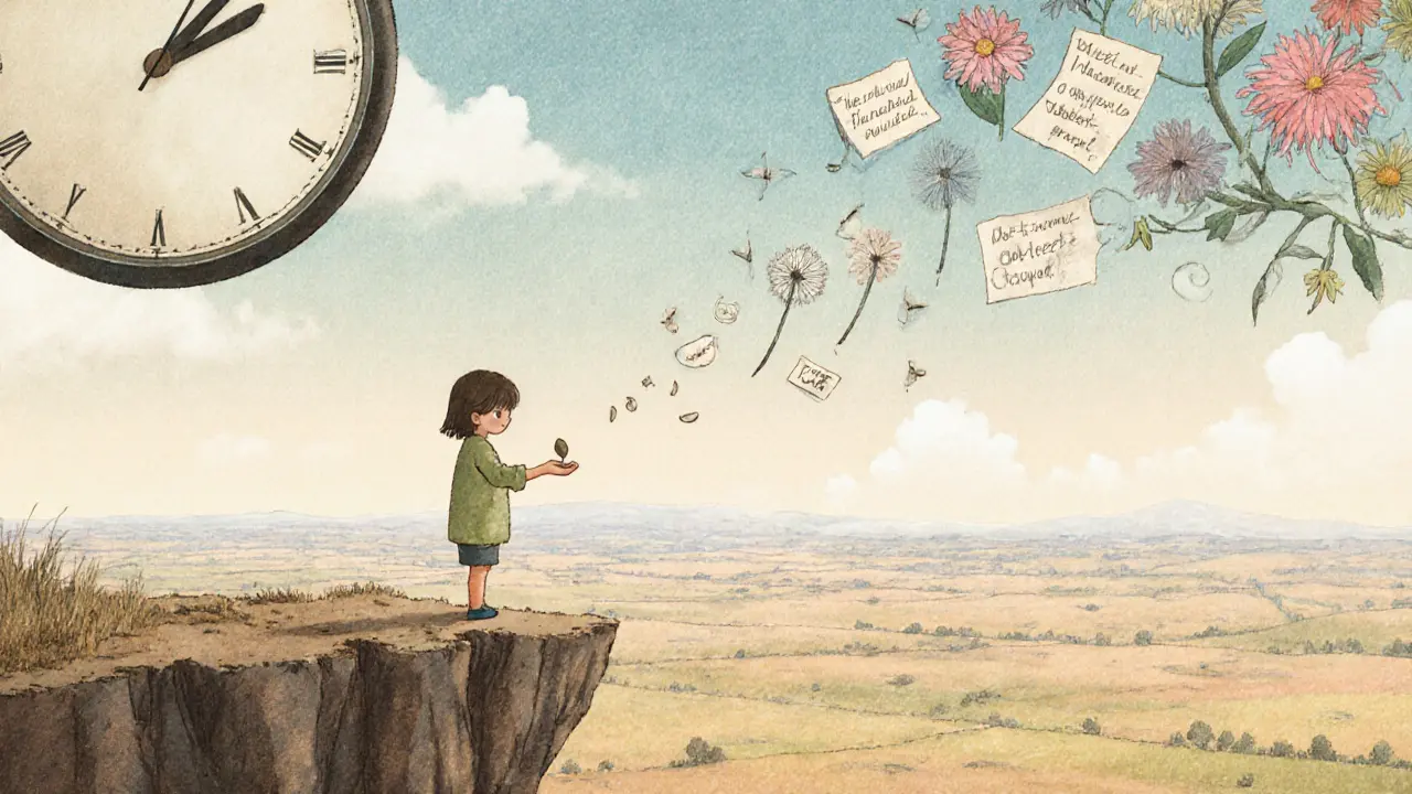 Dítě stojí na skále, drží semínko, nad ním se dělí nebe na hodiny a květiny, září teplé pastelové barvy.