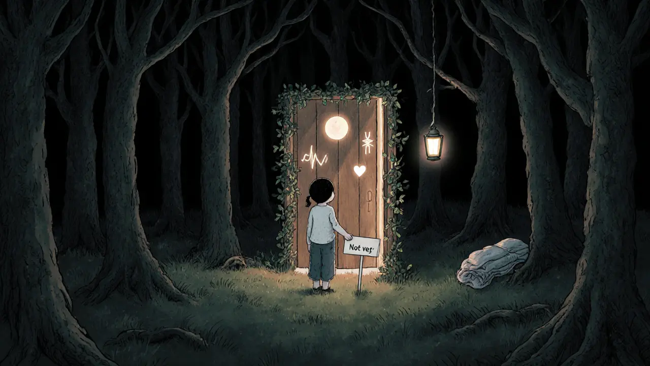 Dítě stojí před otevřenými dveřmi, které vydávají klidné světlo, drží tabulku 'Ještě ne'.