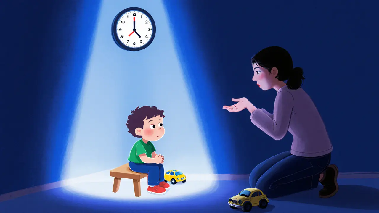 Dítě v klidném časovém pauze, rodič se k němu naklání s klidným gestem.