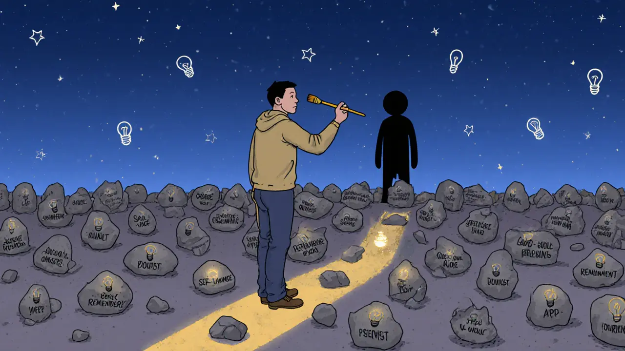 Dospělý staví ze kamínků zeď úspěchů, zatímco stín pochybností se zmenšuje.