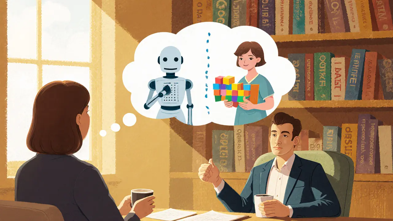 Dospělý v terapii s myšlenkami o léčbě léky a chováním.