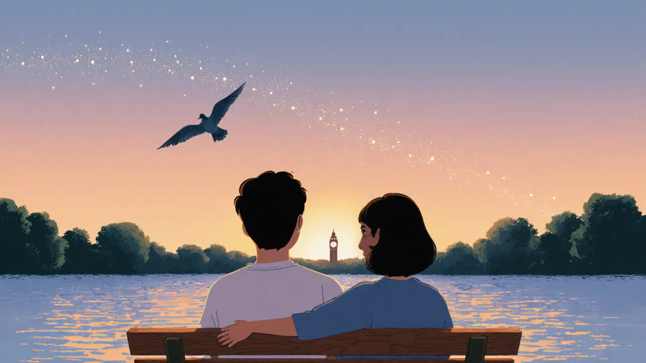 Dva lidé sedí u jezera na západu slunce, ticho mezi nimi je plné klidu, pták letí nad jejich hlavami.