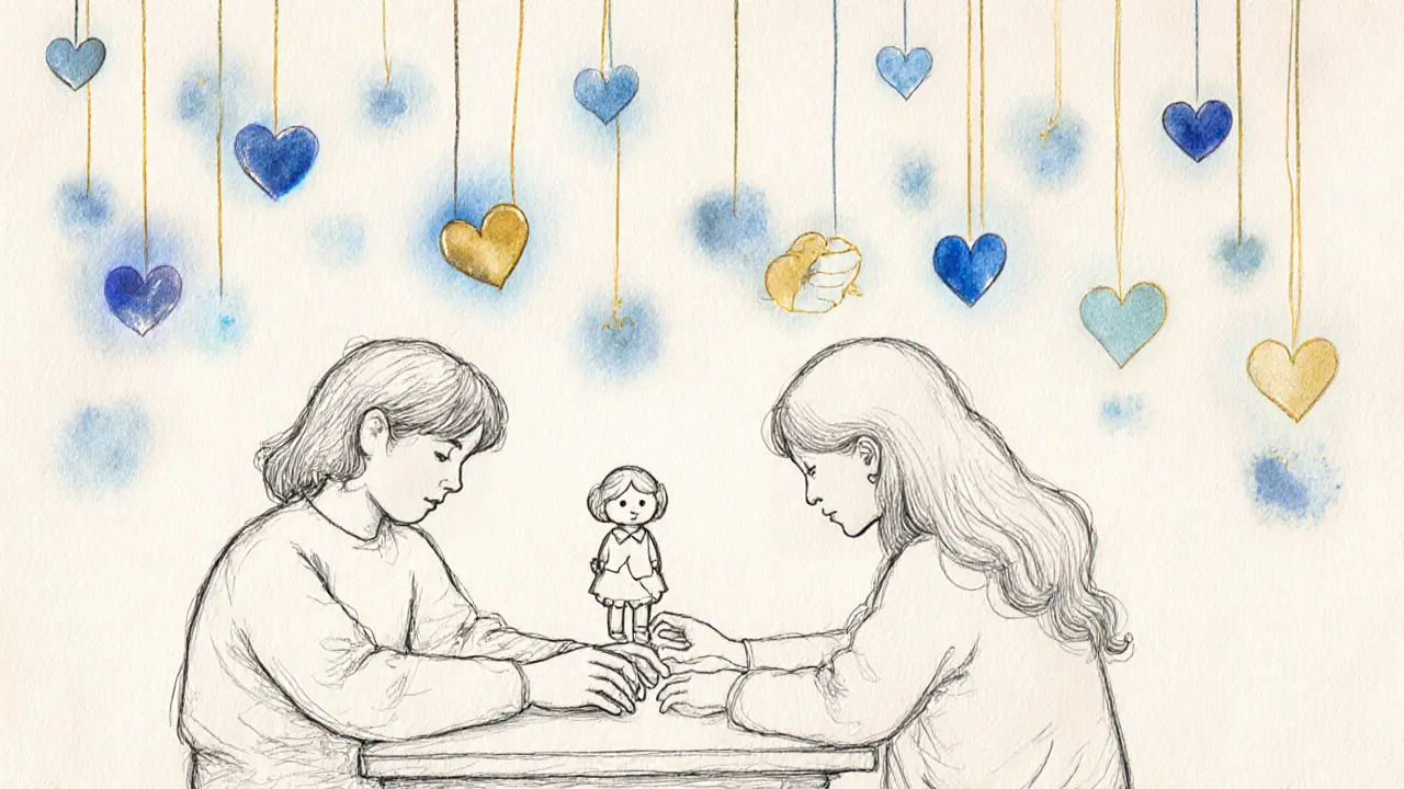 Dva lidé v tiché místnosti, nad nimi visí průhledné vzpomínky spojující jejich srdce.