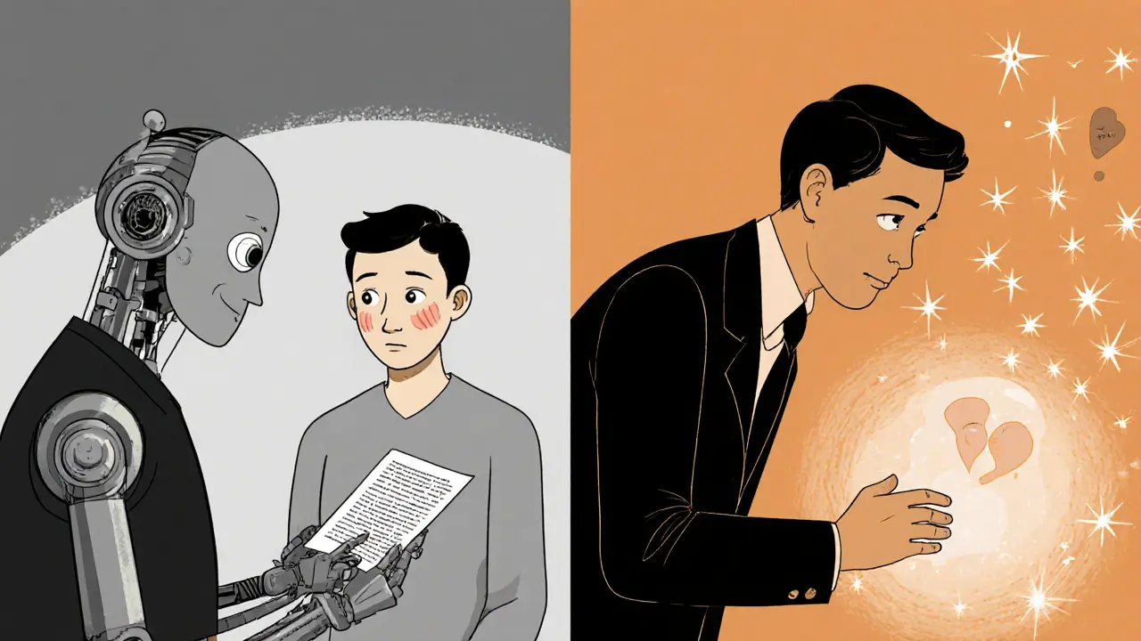 Dvě scény: terapeut jako robot s klientem odvráceným vs. terapeut s teplým pohledem a neviditelnými emocemi ve vzduchu.