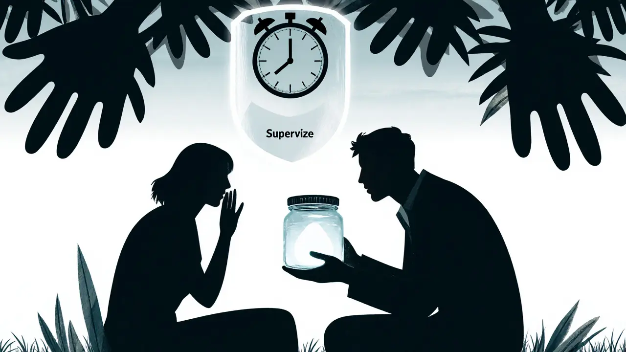 Klient a terapeut pod stromem s listy jako rukama, tajemství je uloženo v skleněné nádobě.