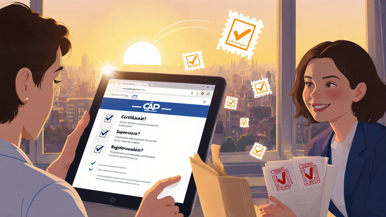 Klient kontroluje ověřený adresář terapeutů, zatímco terapeut předává dokumenty s oficiálními razítky.