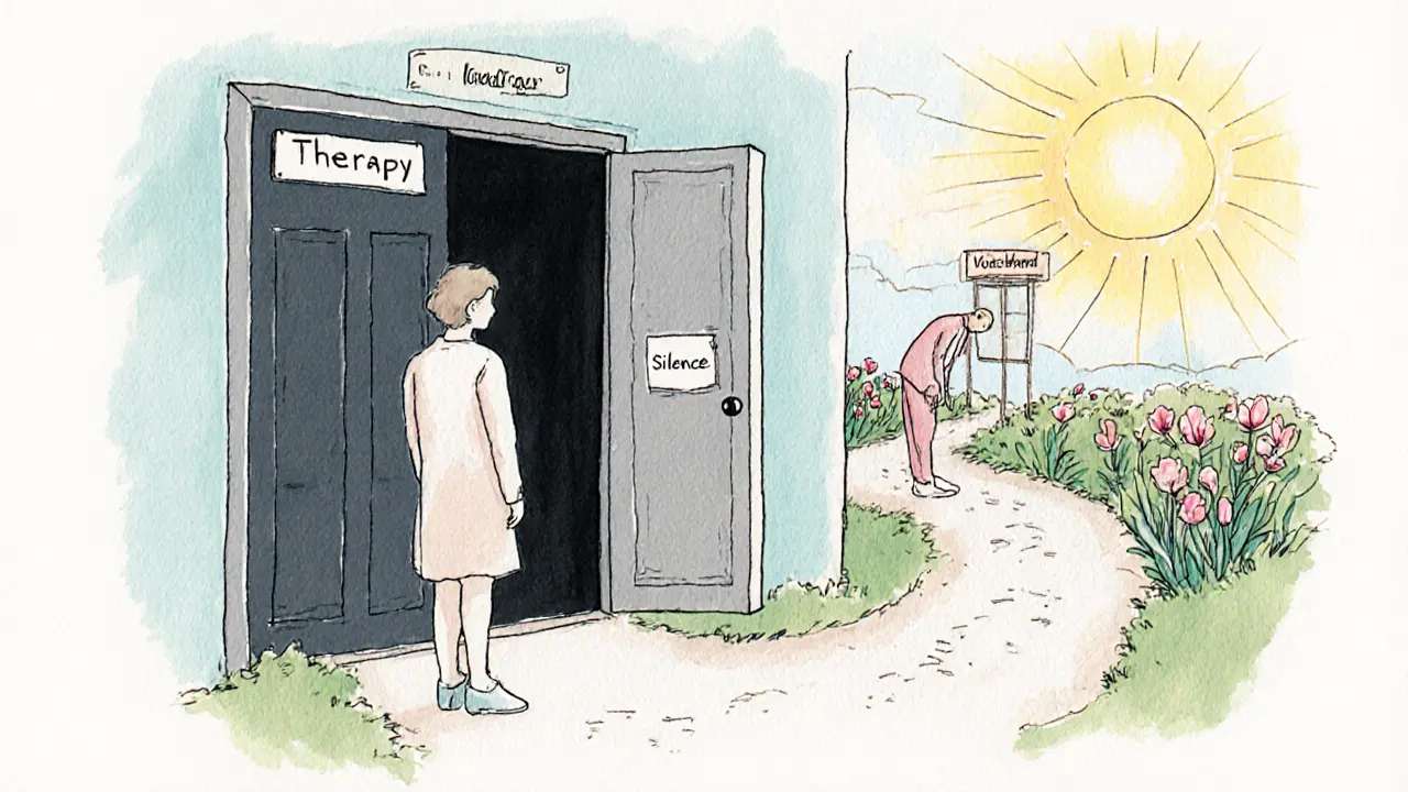 Klient stojí u dveří s nápisem 'Terapie', obrací se k terapeutovi, za nimi cesta k volbě hlasu nebo mlčení.