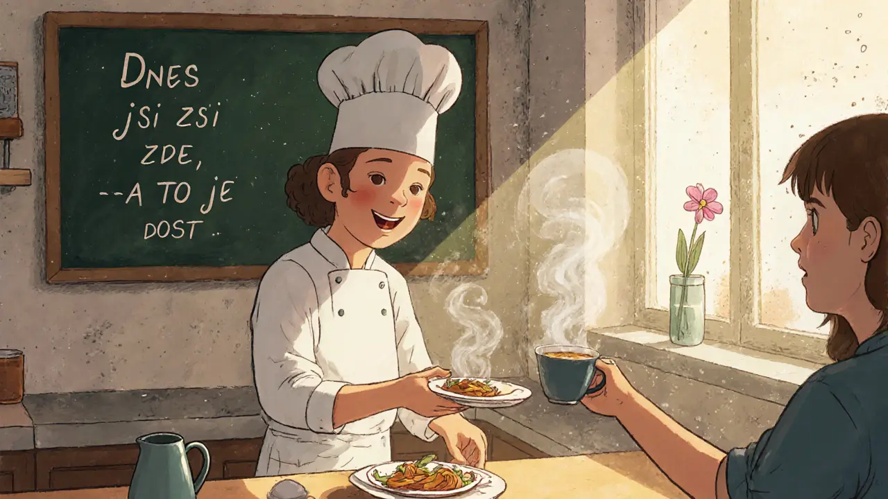 Kuchař v Café Therapy připravuje jídlo v klidné, osvětlené kuchyni.