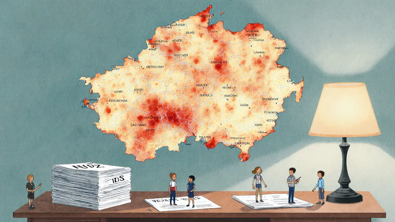 Mapa Česka s teplotními zónami rizika duševního zdraví.