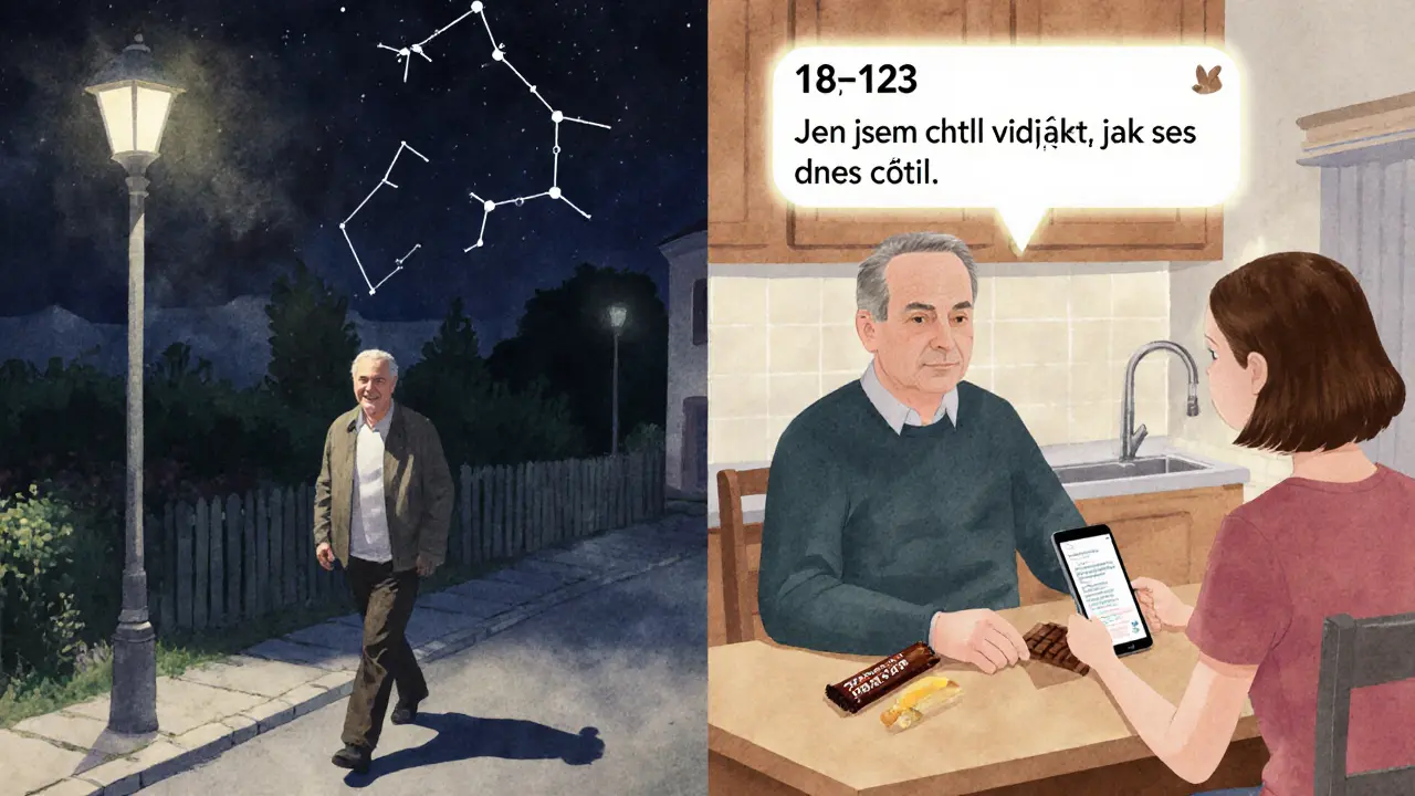 Muž je osamělý na ulici a později s přátelkou v kuchyni, na stole čokoláda a SMS.