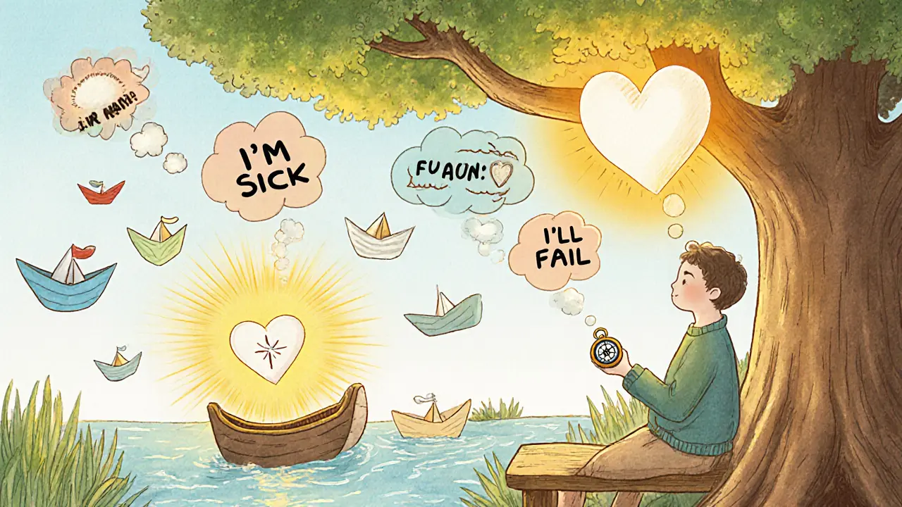 Osoba na lavičce pod stromem, myšlenky jako čluny plující po řece, kompas ukazuje na srdce.