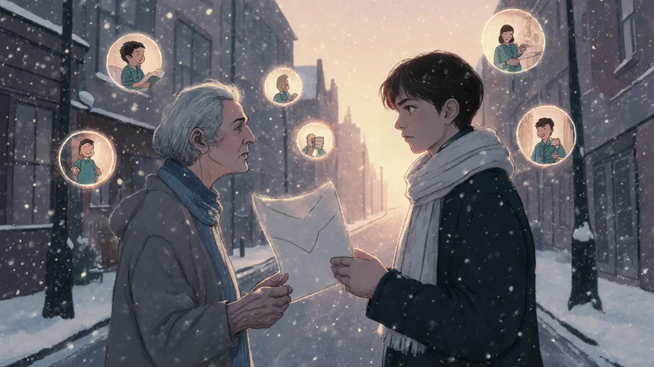 Osoba předává dopis vděčnosti staršímu člověku, kolem nich plavou vzpomínky v podobě světelných stínů.