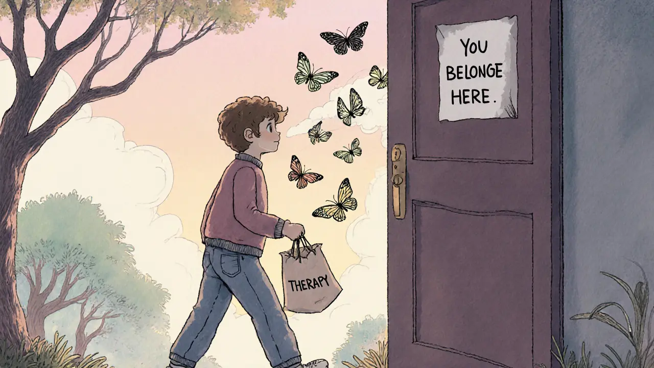 Osoba se blíží k dveřím s nápisem 'Terapie', kolem ní plavou myšlenky jako motýli.