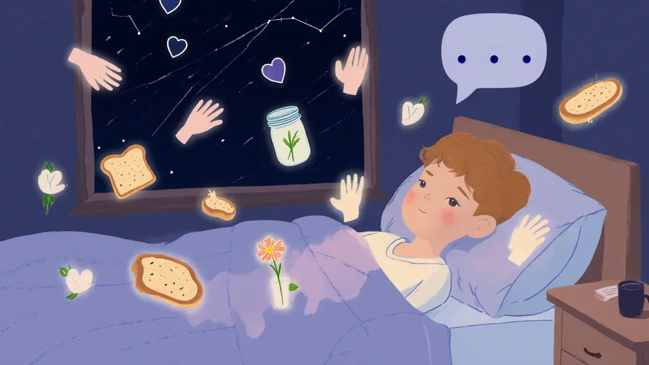 Osoba spí v posteli, kolem ní plavou jemné světelné znamení každodenních malých radostí.