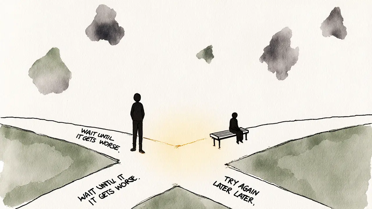 Osoba stojí na křižovatce, kde jedna cesta září, vedoucí k klidnému sedění.