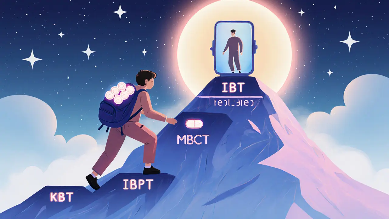 Osoba stoupá po hoře s léky jako zátěží, dosahuje klidného sebevědomí na vrcholu.