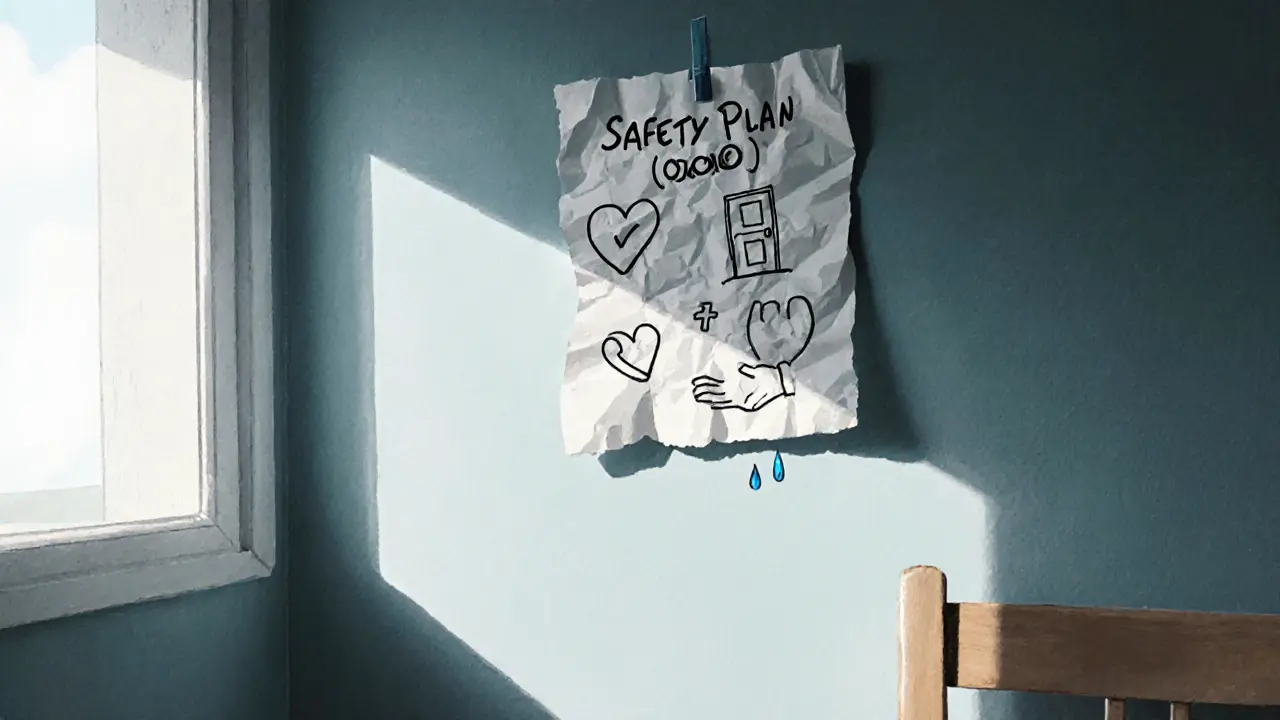 Papír s bezpečnostním plánem na zdi, kreslené symboly a kapka slzy — tichá nádecha naděje a péče.