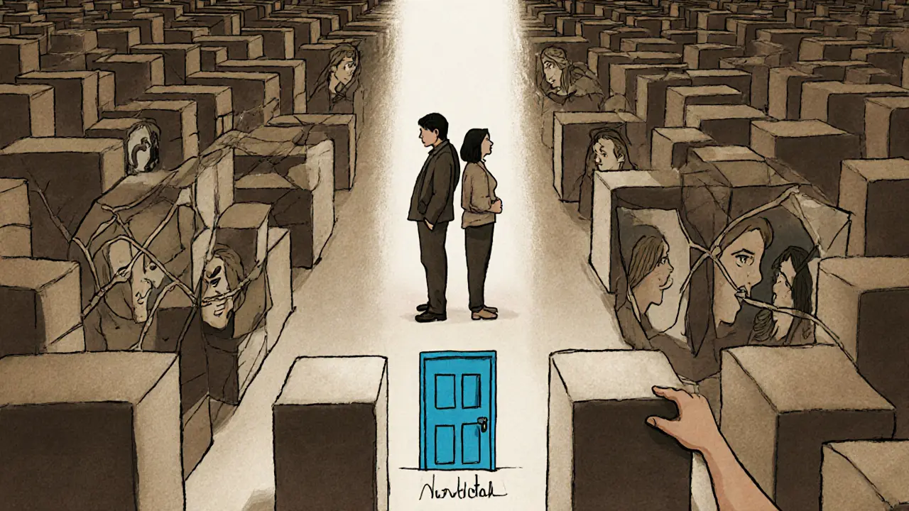 Pár stojí zády k sobě v bludišti z zrcadel, světlo ukazuje cestu ven.