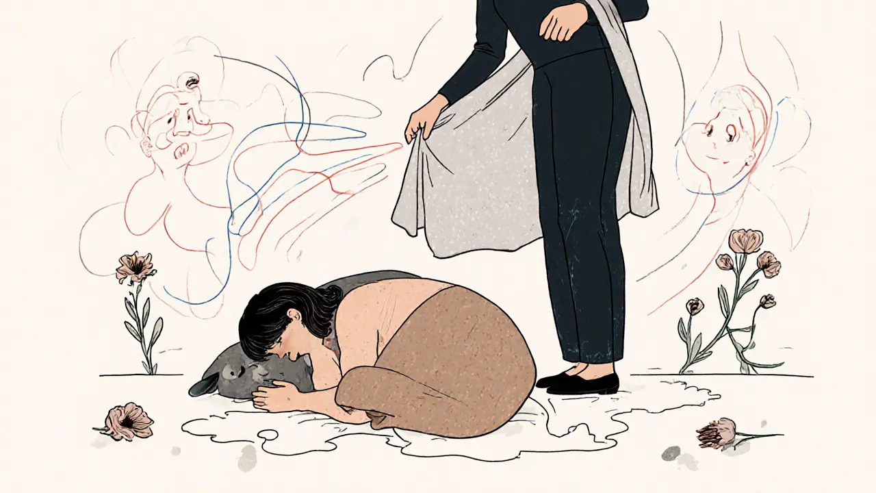 Pár v terapii: jeden leží na zemi, druhý stojí nad ním, terapeut pokrývá jej blanketem.