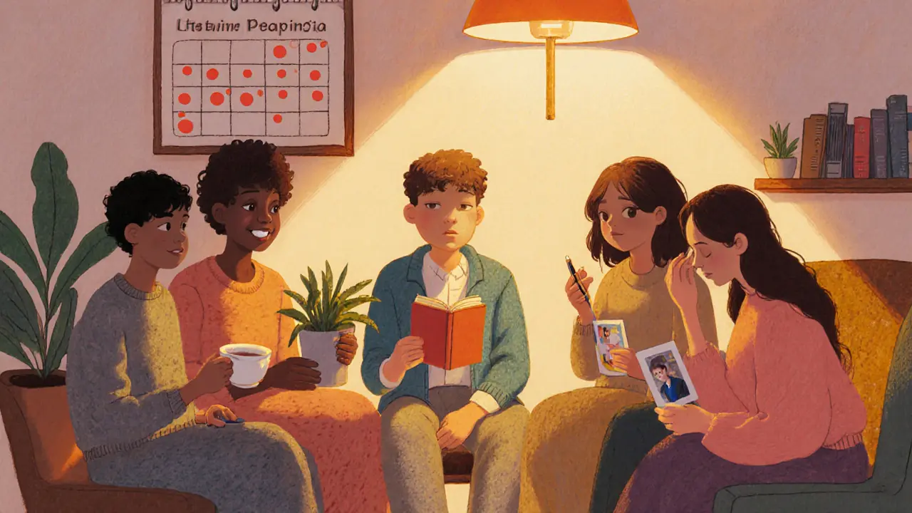 Pět lidí se setkává v kruhu, každý drží něco symbolického, v klidném, teplém prostředí.