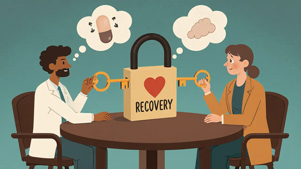 Psychiatr a psychoterapeut společně otevírají zámek uzdravení s pacientem mezi nimi.