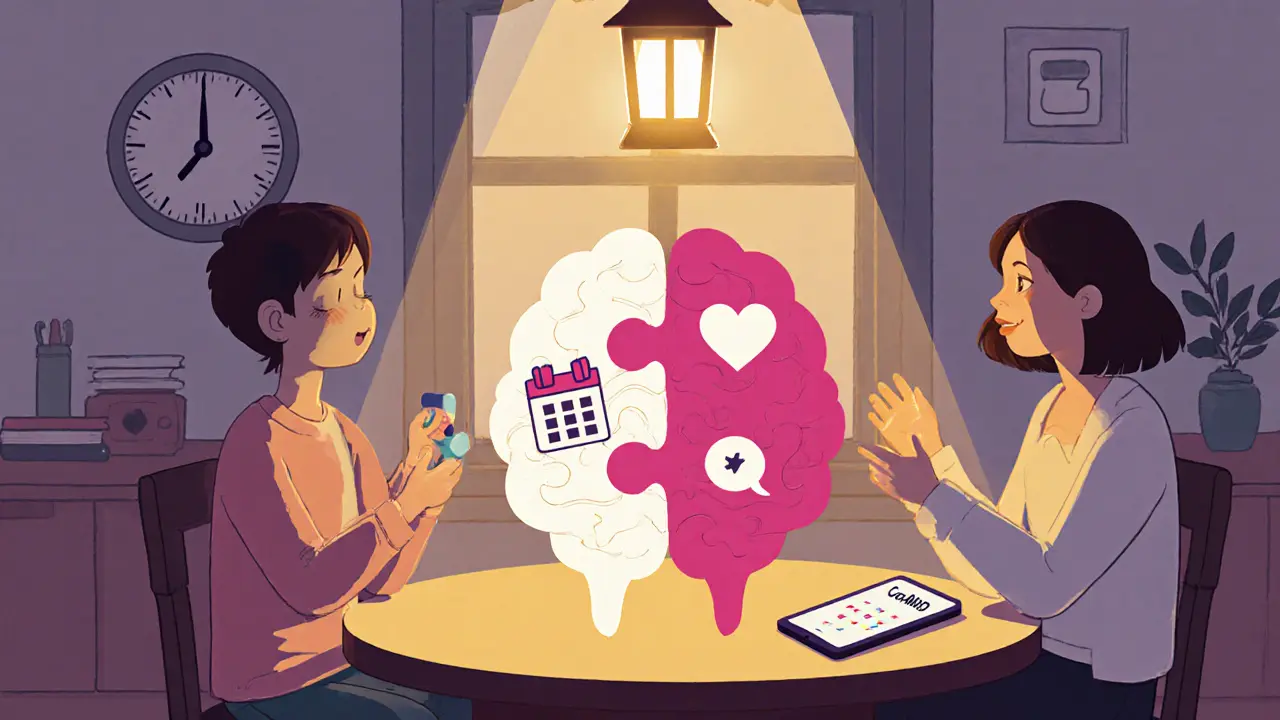 Rodina a učitelka skládají skládačku tvaru mozku s léky a nástroji pro chování.