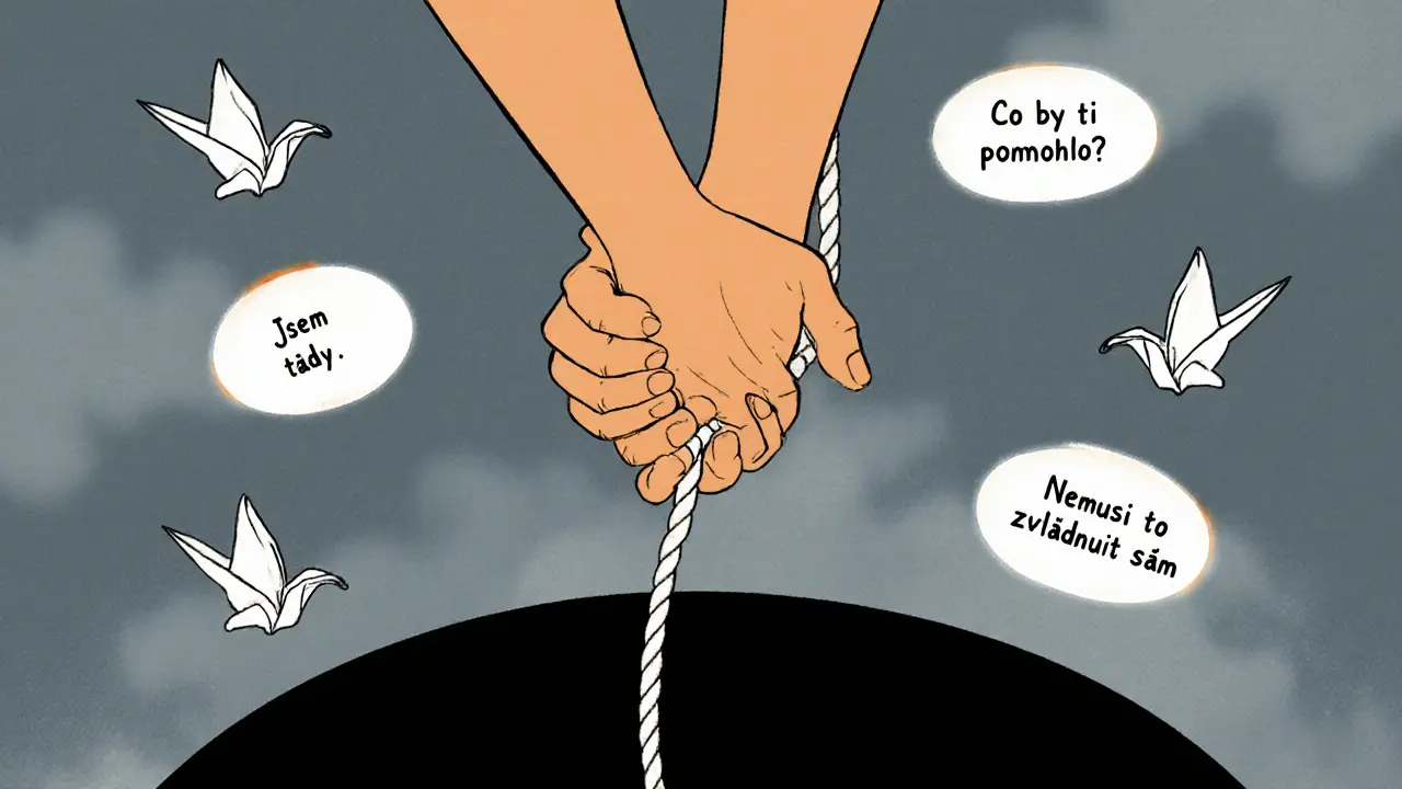 Ruce se drží nad prázdnou propastí, kolem nich plavou laskavé věty.