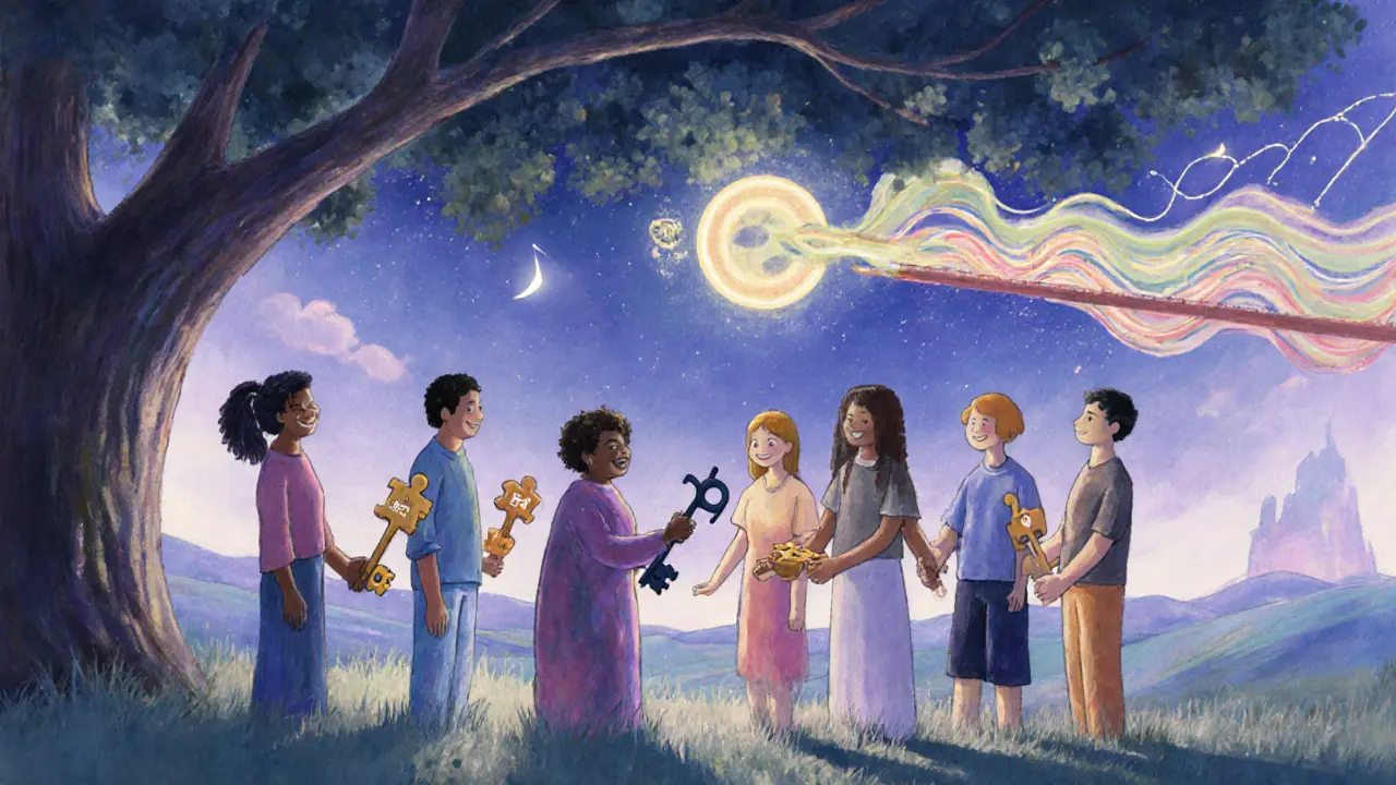 Různí lidé drží klíče různých tvarů pod stromem, symbolizující různé způsoby myšlení.