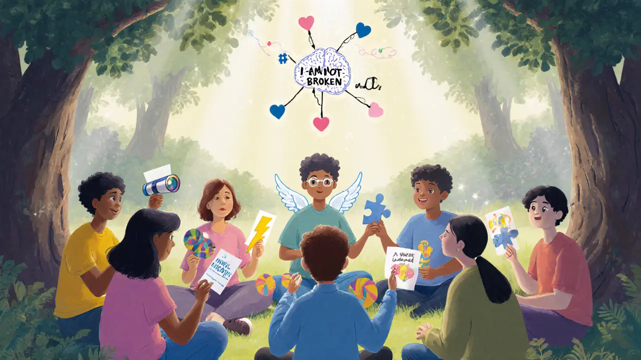 Skupina lidí sedí v kruhu, každý drží předmět symbolizující svou silnou stránku ADHD.