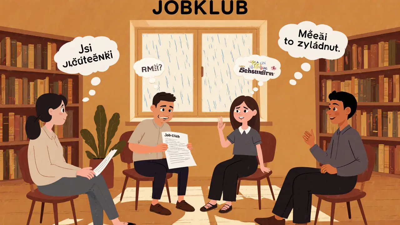 Skupina lidí v klidném prostředí Jobklubu, kde se učí věřit sobě.