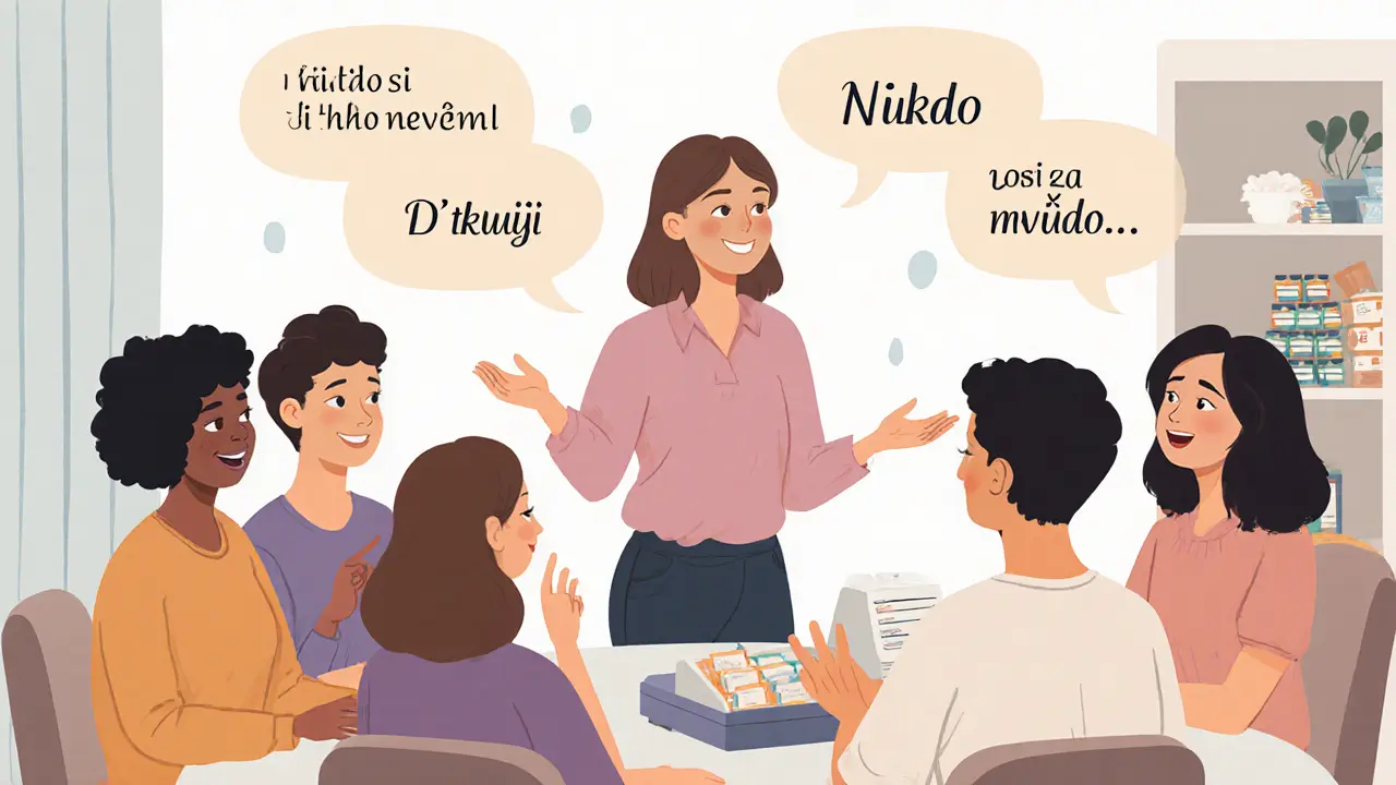 Skupina lidí v terapii, kteří se cvičí v komunikaci, terapeut s otevřenýma rukama, všichni s mírnými úsměvy.