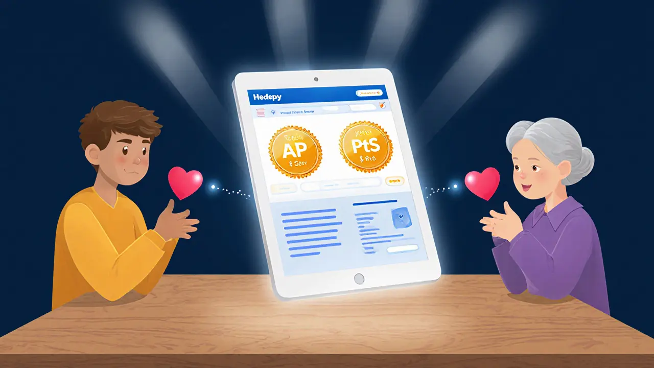 Tablet s platformou Hedepy a dvěma certifikáty, kolem něj lidé s srdci.