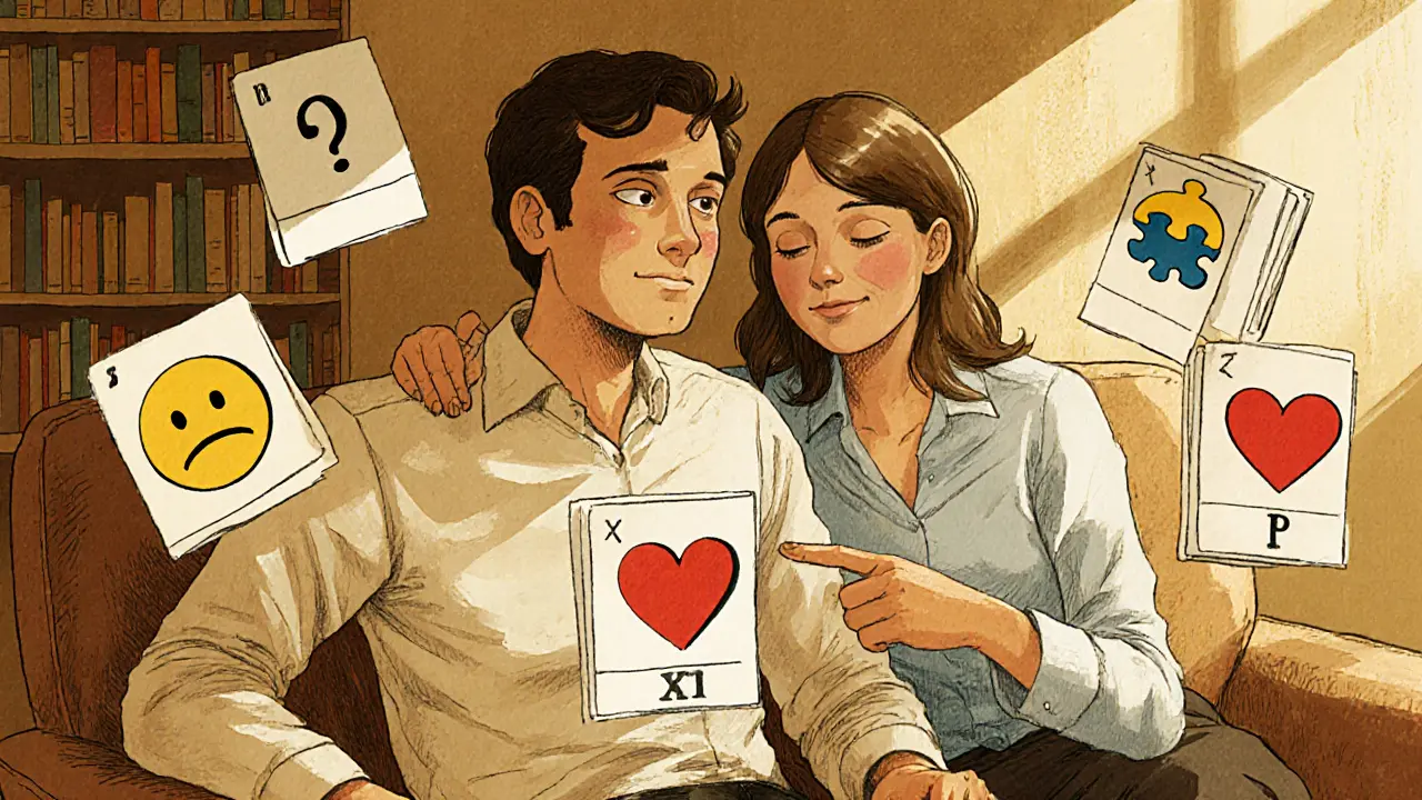 Terapeut a klient diskutují o emocích pomocí karet v klidném prostředí.