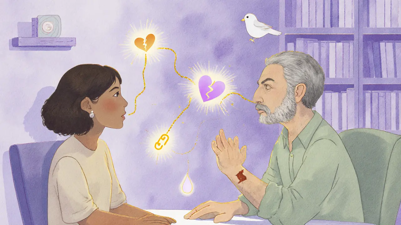 Terapeut a klient sedí proti sobě, mezi nimi září zlatá nit spojující jejich srdce.