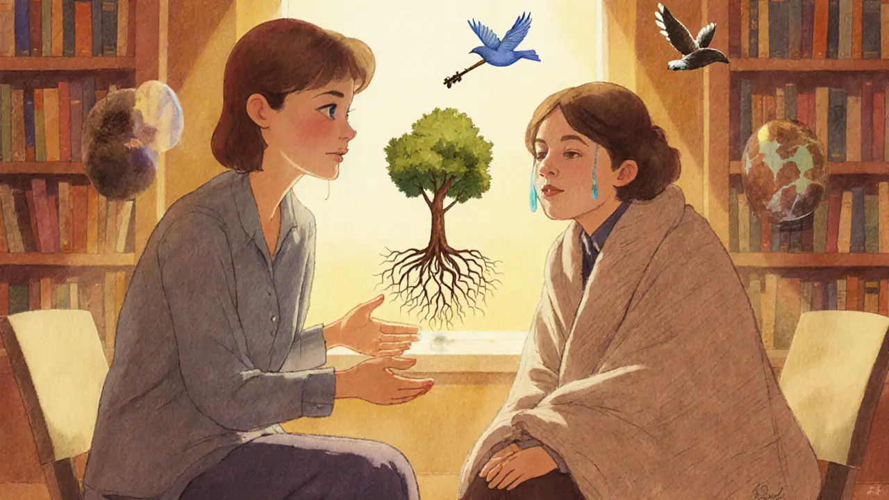 Terapeut a klient sedí v pokoji plném knih, září jim slunce, kolem nich plují symboly klíče, stromu a ptáka.