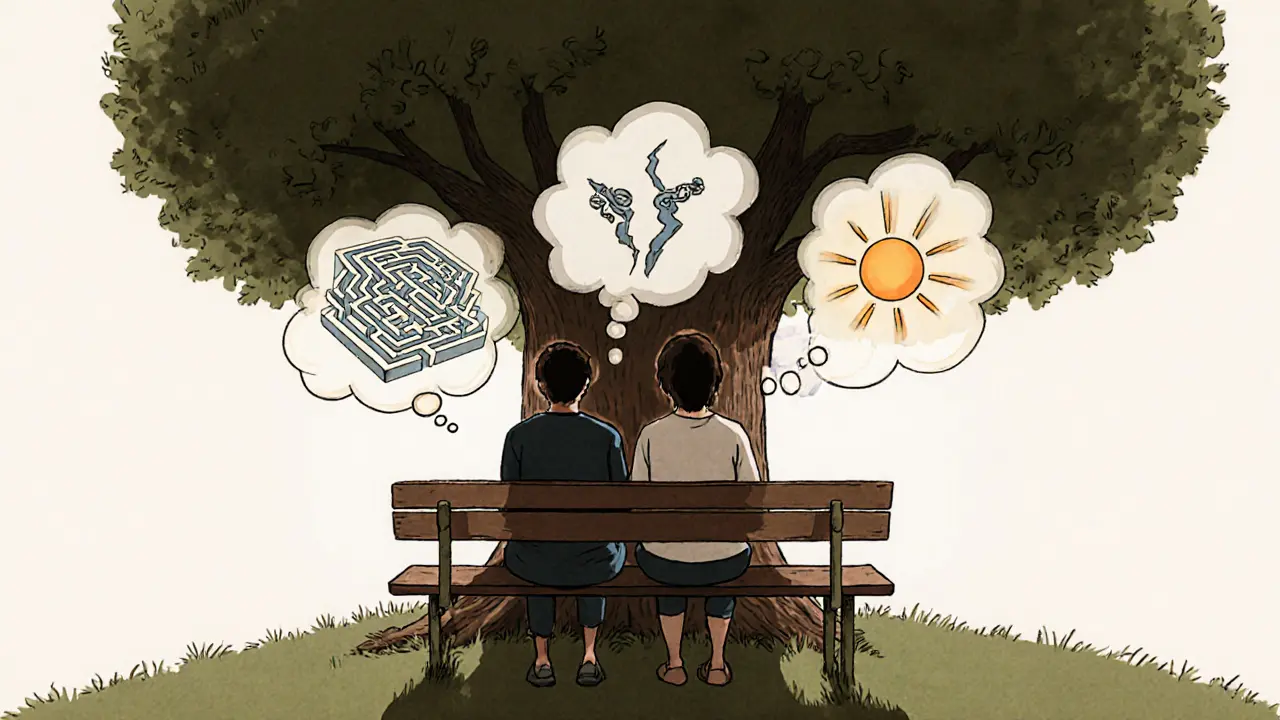 Terapeut a pacient sedí pod stromem, jejich stíny se spojují, kolem nich plavou myšlenky.