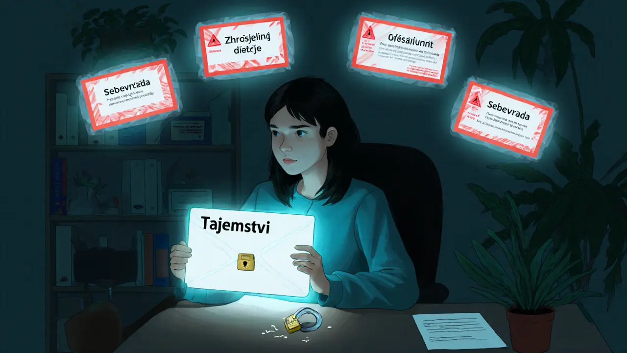 Terapeut drží uzavřený obálku tajemství, zatímco jen čtyři výjimky jsou označeny červeně.