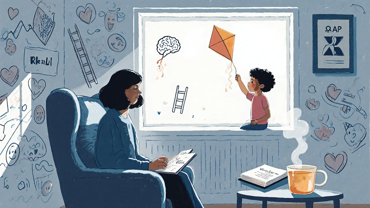 Terapeut z ČAP pracuje s klientem v klidné místnosti, na stěnách jsou symboly emocí, venku hraje dítě.